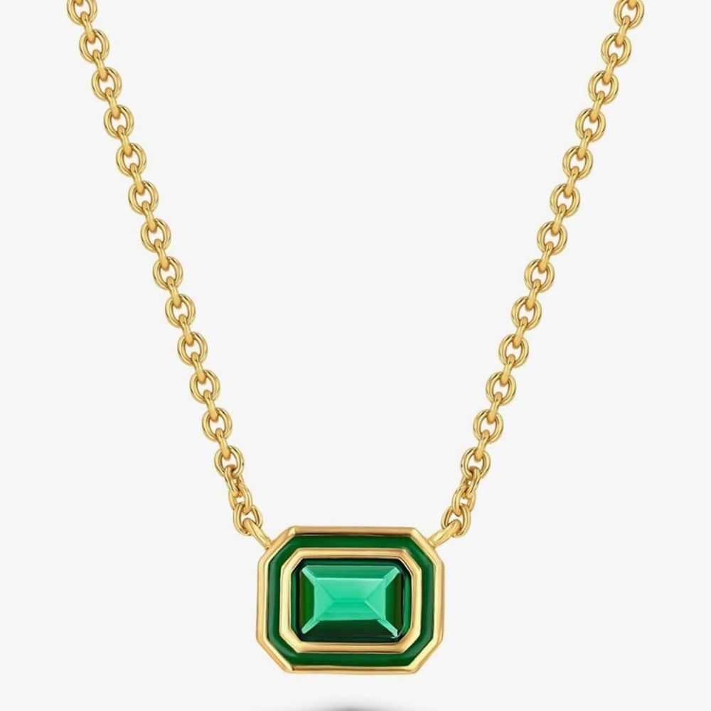 NEW 18K Gold Plated Green Emerald Enamel CZ Pendant Necklace